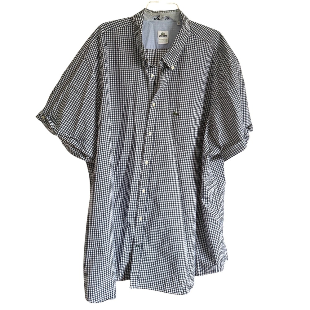 Lacoste Mens 4XL Navy White Gingham Short Sleeve Button Down Shirt